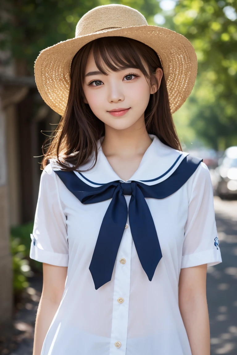 Super fine illustrations、{{solo girl}}、{pretty girl}、cowboy shot,(no hat:1.5)、beautiful hair、{Scarlet color hair}、{medium hair}、{blue color eyes}、hires、{small breats}、beautiful eyes、{White school uniform}、light smile、lushing cheeks、close mouth、{masterpiece}、intricate details,{best quality}、{beautiful detailed glow}