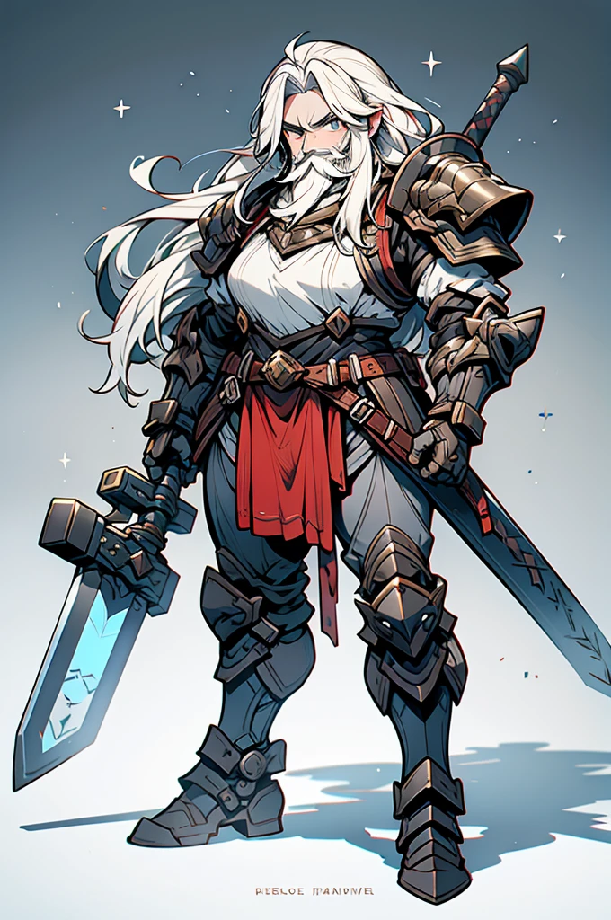 Dwarf engineer, defined mucles, long silver hair, long beard, saphire eyes, forge hammer, heavy adorned full plate armor, completely full body art