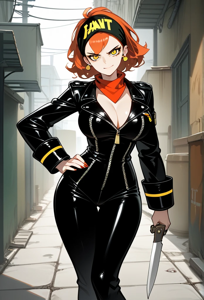 masterpiece, best quality, mature woman, mature face, trimmed hairstyle, red hair, mature face, hot face, sharp eyes, big breasts, voluptuous body, golden eyes, (bandit outfit, bandit bandana), looking at viewer, tough appearance, alley, (looking serious), lunatic face, lunatic smile, (glaring eyes, piercing eyes), lunatic expression, (holding dagger) 