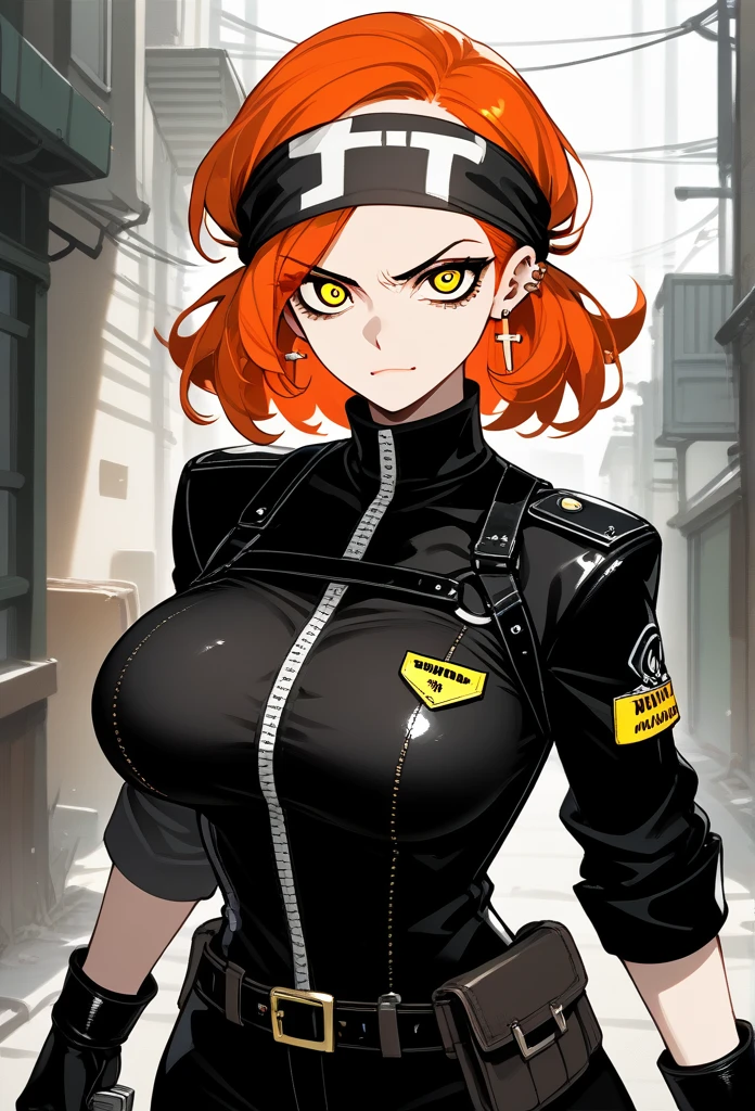 masterpiece, best quality, mature woman, mature face, trimmed hairstyle, red hair, mature face, hot face, sharp eyes, big breasts, voluptuous body, golden eyes, (bandit outfit, bandit bandana), looking at viewer, tough appearance, alley, (looking serious), lunatic face, lunatic smile, (glaring eyes, piercing eyes), lunatic expression, (holding dagger) 
