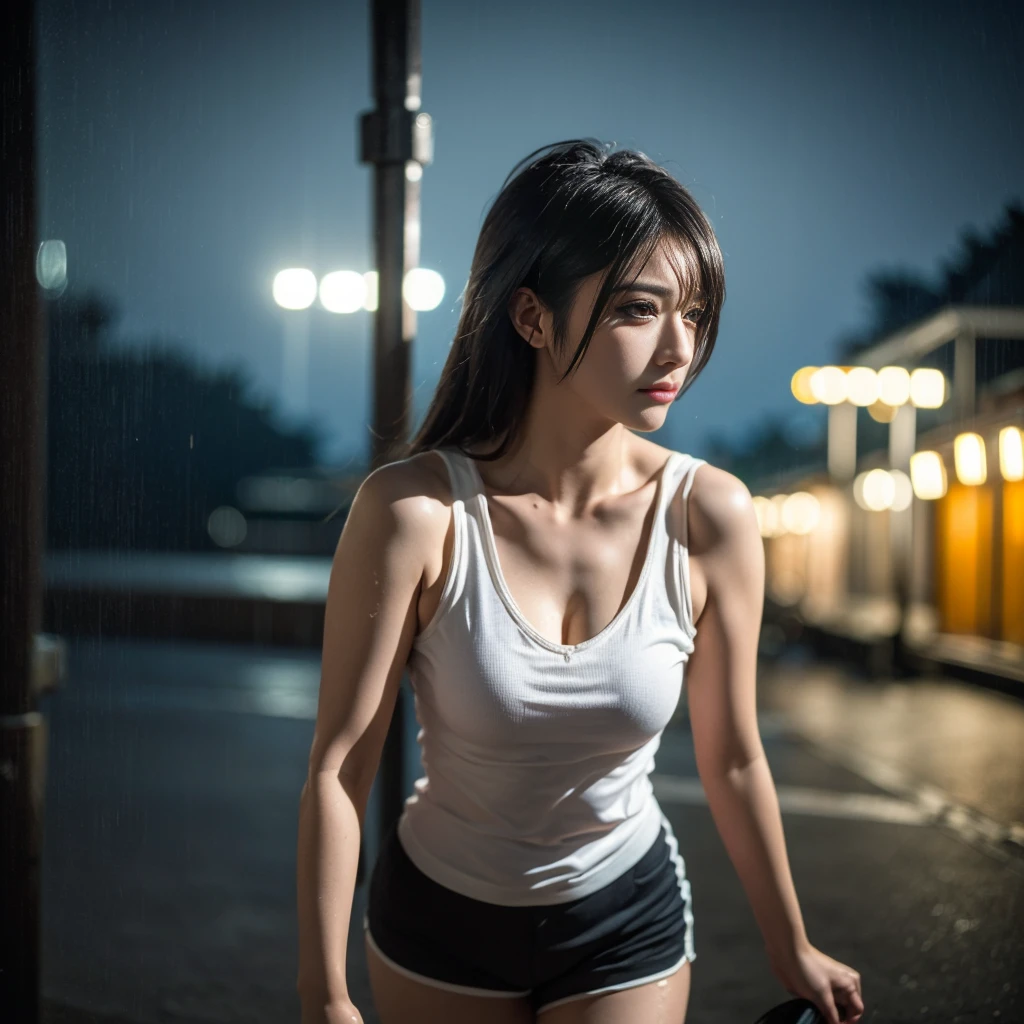 (In 8K、Highest quality、masterpiece:1.2)、(Realistic、Photorealistic:1.2)、1人of女of子,alone,Long Hair,Rough skin,(View your viewers:1.2),Wet Hair,micro_Shorts,dark, (Globe:1.3), Polaroid,(depth_of_Field:1.5),雨of日, Boxing Gym, 目of間of毛,Moody lighting,Tyndall effect,Cinema Lighting,night,lamp post,Lens flare,Available Light,Rim Light,Shining neon lights,Curvy,Chinese_style,