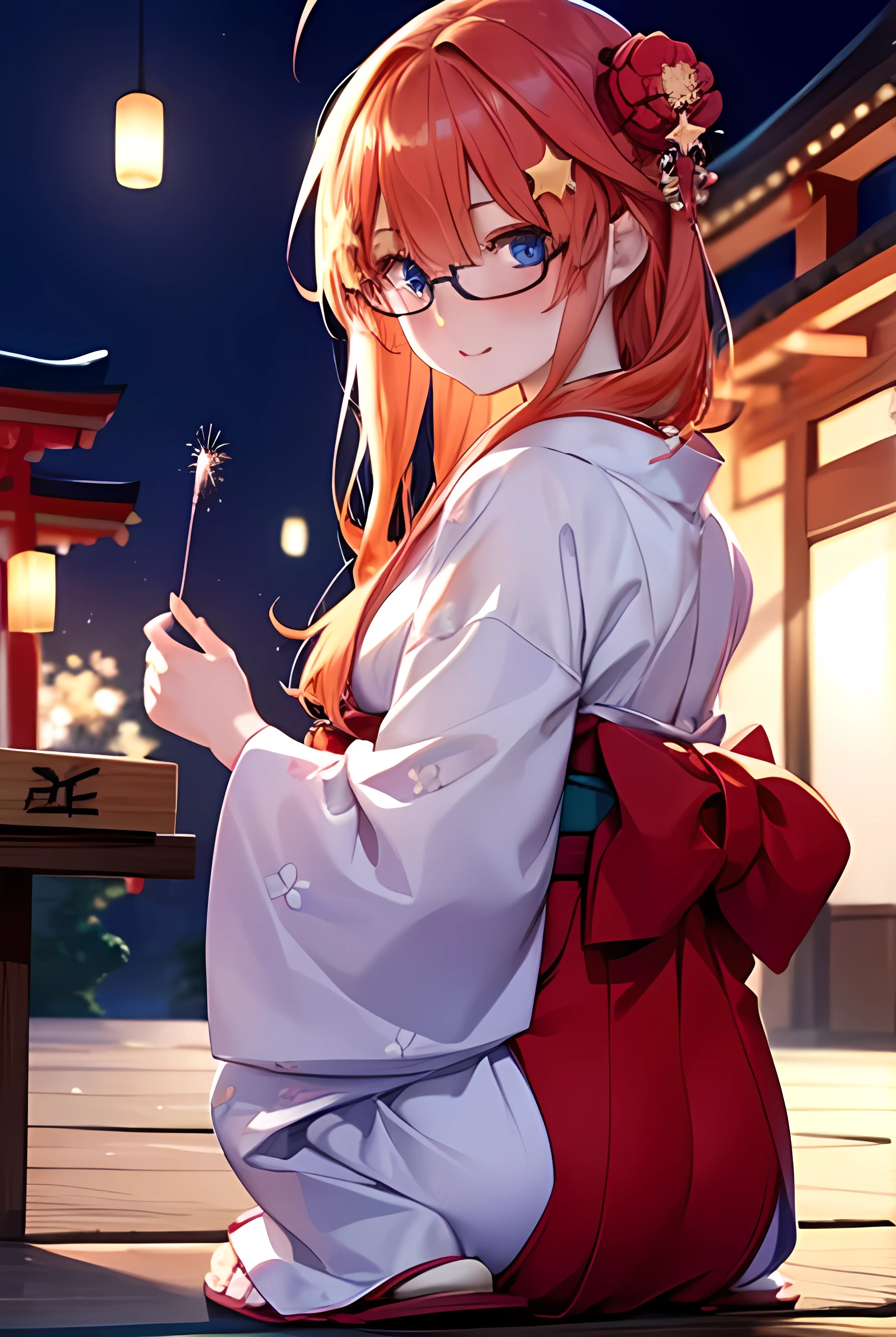 itsukinakano, itsuki nakano, bangs, blue eyes, hair between eyes, Ahoge, redhead, star \(symbol\), hair ornaments, star hair ornaments,Akagi glasses,smile,blush,happy atmosphere,open your mouth,long hair,tie your hair back,Red gorgeous kimono,night空のfirework,firework,Zori sandals,japanese festival,summer festival stalls,red lantern,night,Make sure the whole body is included in the illustration, night
break outdoors, shrine,
break (masterpiece:1.2), highest quality, High resolution, unity 8k wallpaper, (shape:0.8), (fine and beautiful eyes:1.6), highly detailed face, perfect lighting, Very detailed CG, (perfect hands, perfect anatomy),