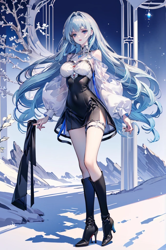 ((Full body, standing)) ((Long legs, beautiful legs, big breasts)) ((Beautiful Empress)) ((Leather mini skirt, Tights, high heel boots)) ((Gothic fashion)) ((Long silver-blue hair, silver eyes)) ((anatomically correct))