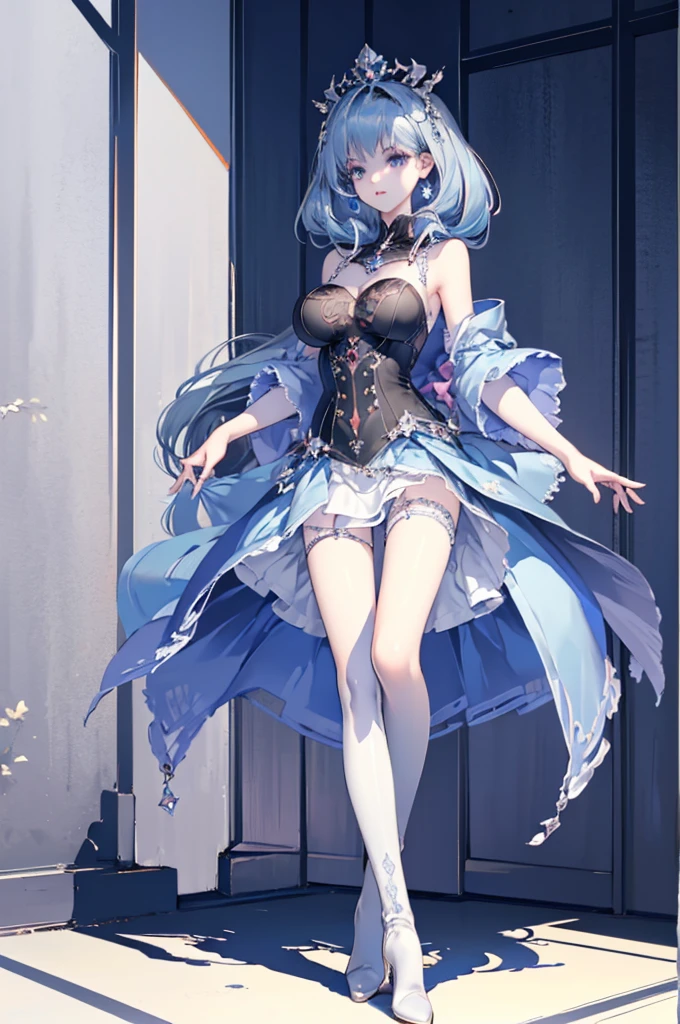 ((Full body, standing)) ((Long legs, beautiful legs, big breasts)) ((Beautiful Empress)) ((Leather mini skirt, Tights, high heel boots)) ((Gothic fashion)) ((Long silver-blue hair, silver eyes)) ((anatomically correct))