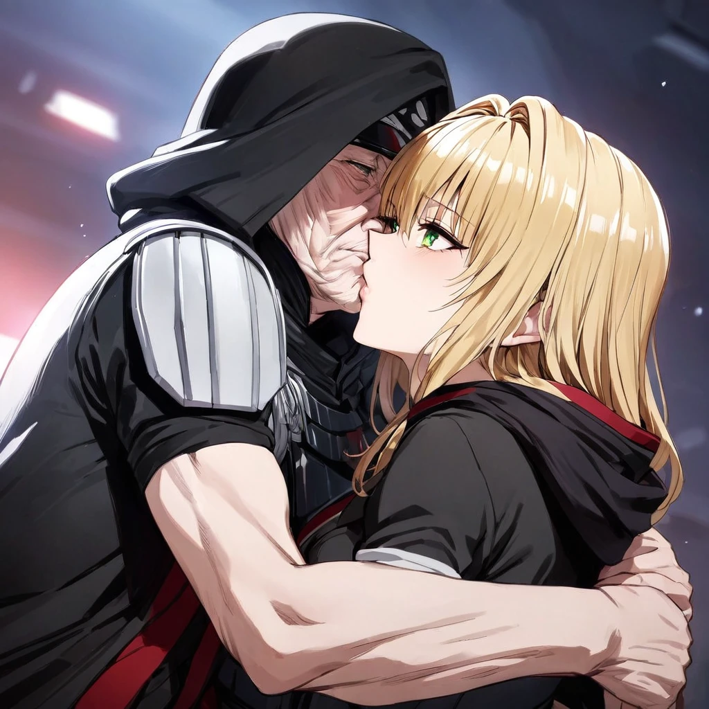 ((Highest quality)), ((masterpiece)), (detailed), （Perfect Face）、The woman is Tiare, a beautiful Space Imperial Army officer with green eyes and medium-long blonde hair, wearing a Space Imperial Army uniform and military cap.、The woman pledges her loyalty to Emperor Palpatine, and they embrace, love, and kiss.、The woman is standing close to the Emperor, and the dignified old Emperor Palpatine is holding her close, kissing her and loving her.、The man is Darth Sidious, Emperor Palpatine, a wrinkled, dignified, ugly old man wearing a black hooded robe, hugging, kissing and fondling the woman.