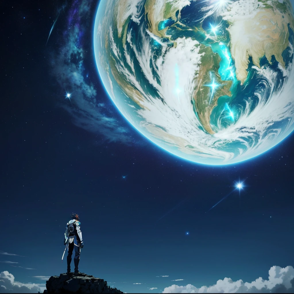 アニメ, a man standing on a rock looking at a blue planet, cosmos infinito ao fundo, o アニメ em destaque de hoje ainda, fundo de filme de アニメ, captura de tela de um アニメ de 2012, fundo de アニメ, captura de tela do filme de アニメ, captura de tela do filme de アニメ, planet sky in the background, Captura de tela do アニメ 2 0 1 9, アニメ atmosférico, abertura de アニメ