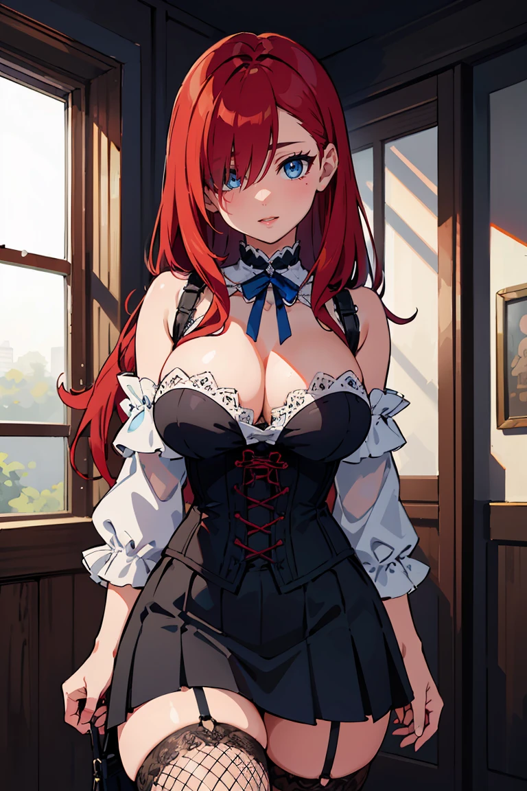 masterpiece, best quality, highly detailed background, perfect lighting, best quality, (extremely detailed face), volumetric lighting, intricate details, shadow, tonemapping, sharp focus, hyper detailed, trending on Artstation, (solo) ((Looking at the viewer)) (long red hair) (Hair over face) (only one eye visible) (curvy) (Big breasts) (black corset) (transparent skirt) (fishnet stockings) ((Blue eyes)) ((human)) (sexy) ((Satanic ritual in the forest))