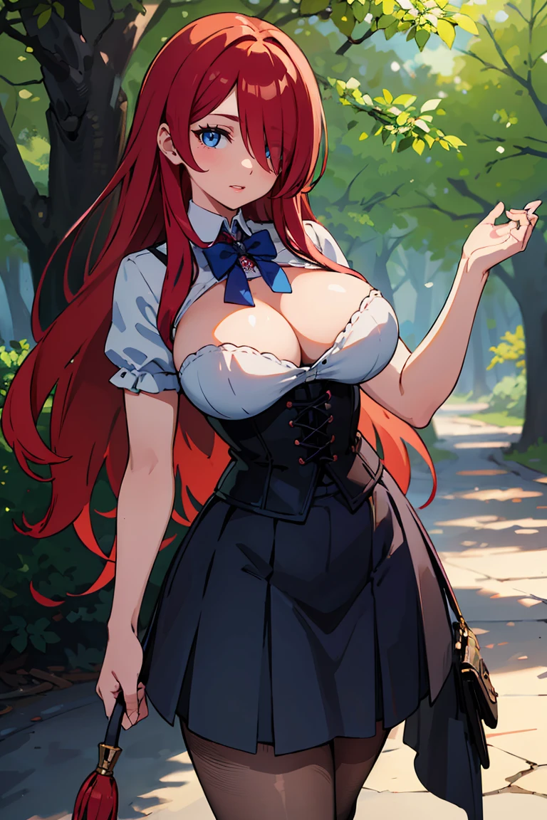 masterpiece, best quality, highly detailed background, perfect lighting, best quality, (extremely detailed face), volumetric lighting, intricate details, shadow, tonemapping, sharp focus, hyper detailed, trending on Artstation, (solo) ((Looking at the viewer)) (long red hair) (Hair over face) (only one eye visible) (curvy) (Big breasts) (black corset) (transparent skirt) (fishnet stockings) ((Blue eyes)) ((human)) (sexy) ((Satanic ritual in the forest))