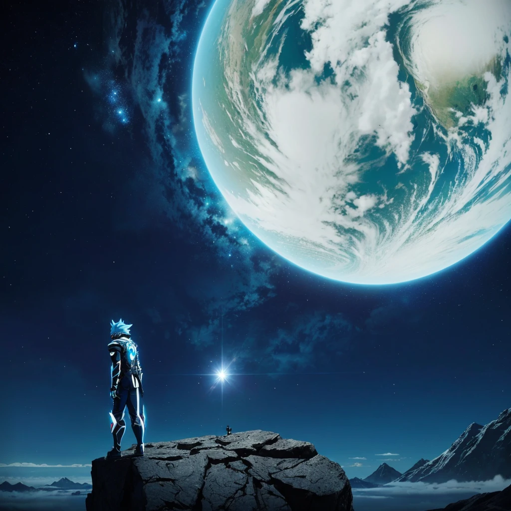 アニメ, a man standing on a rock looking at a blue planet, cosmos infinito ao fundo, o アニメ em destaque de hoje ainda, fundo de filme de アニメ, captura de tela de um アニメ de 2012, fundo de アニメ, captura de tela do filme de アニメ, captura de tela do filme de アニメ, planet sky in the background, Captura de tela do アニメ 2 0 1 9, アニメ atmosférico, abertura de アニメ