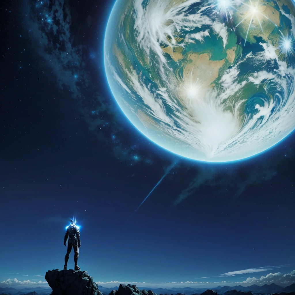 アニメ, a man standing on a rock looking at a blue planet, cosmos infinito ao fundo, o アニメ em destaque de hoje ainda, fundo de filme de アニメ, captura de tela de um アニメ de 2012, fundo de アニメ, captura de tela do filme de アニメ, captura de tela do filme de アニメ, planet sky in the background, Captura de tela do アニメ 2 0 1 9, アニメ atmosférico, abertura de アニメ