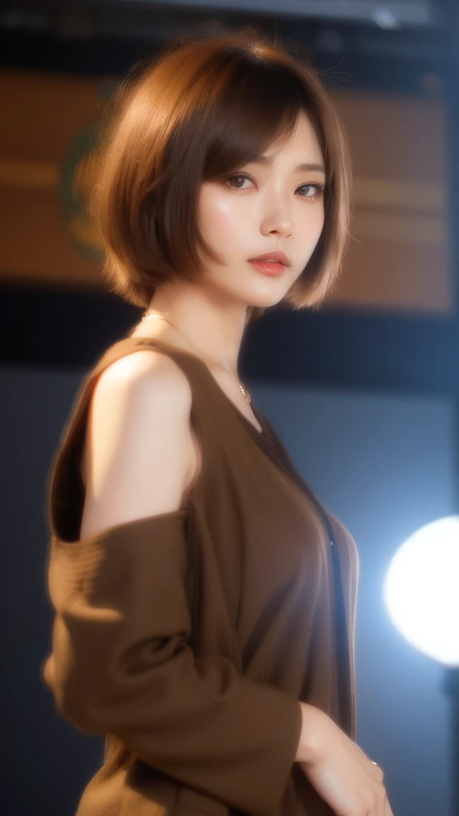 (((Straight shoulder-length brown mini bob hair)))、(((目が細くLight eye makeup)))、(((Standing alone on the rider'Jacket and jeans against the back alleys of Kabukicho at night.)))、(((Please wear clothes that cover your arms..)))、Half Japanese and half Korean、18-year-old girl、independent、Look forward、Light eye makeup、Brown Hair Color、flat 、Hair blowing in the wind、Quality of actress、Shiny, Ultra-realistic faces、smileの表情、Watery eyes、look up、Soothing lighting effects、 Ultra-Realistic Capture、Very detailed、High resolution 16k human skin closeup。Skin texture must be natural、Must be so detailed that pores are visible、skin is healthy、Must be of uniform tone、Use natural light and color、High quality photos taken by modeling agencies'Exclusive photographer、smile