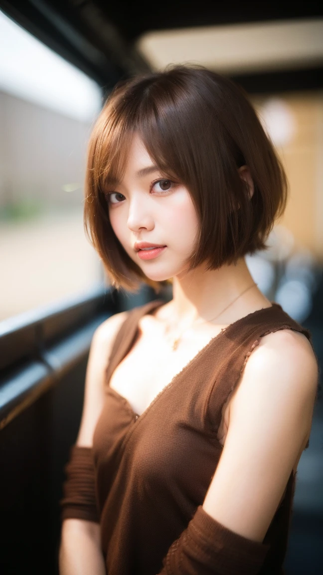(((Straight shoulder-length brown mini bob hair)))、(((目が細くLight eye makeup)))、(((Standing alone on the rider&#39;Jacket and jeans against the back alleys of Kabukicho at night.)))、(((Please wear clothes that cover your arms..)))、Half Japanese and half Korean、18-year-old girl、independent、Look forward、Light eye makeup、Brown Hair Color、flat 、Hair blowing in the wind、Quality of actress、Shiny, Ultra-realistic faces、smileの表情、Watery eyes、look up、Soothing lighting effects、 Ultra-Realistic Capture、Very detailed、High resolution 16k human skin closeup。Skin texture must be natural、Must be so detailed that pores are visible、skin is healthy、Must be of uniform tone、Use natural light and color、High quality photos taken by modeling agencies&#39;Exclusive photographer、smile
