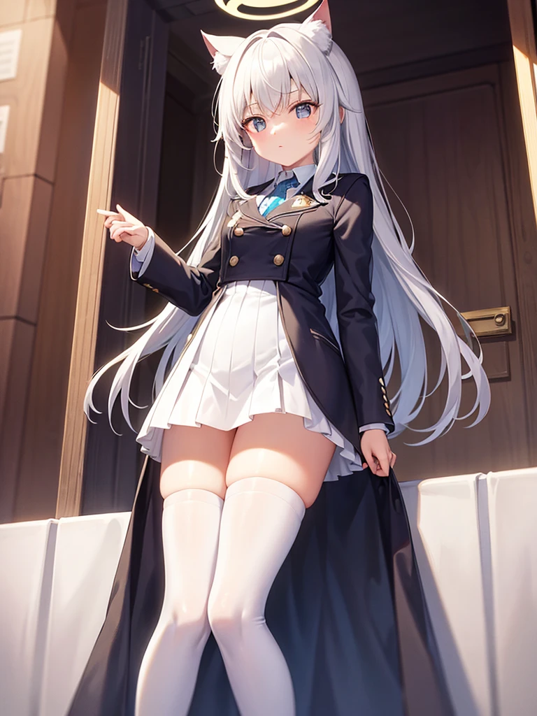 White silk tights,Short skirt,Boots,Lining,coat,White long hair,A cat lady,Loli,small headdress,White, light blue, light pink,Standing,Halo