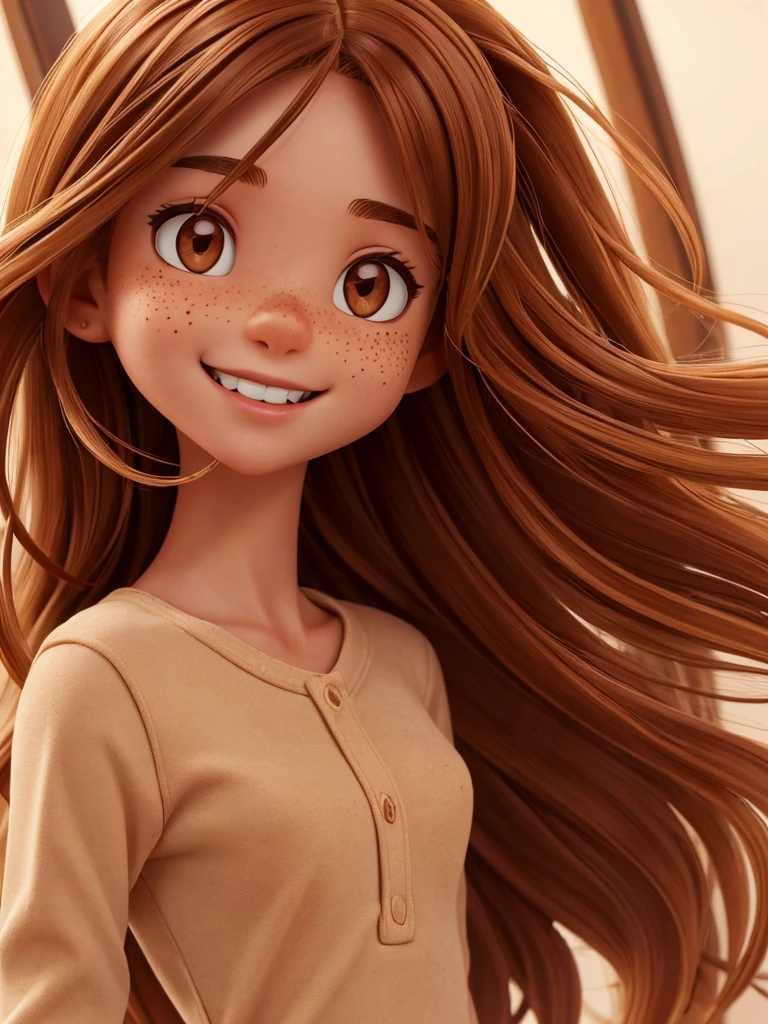 (best quality), 1girl, female, honey toned skin, chestnut hair, long hair, slightly wavy hair, brown eyes, perfect eyes, freckles, red clothes, , slender, small bust, smile, masterpiece, anatomically correct, highres