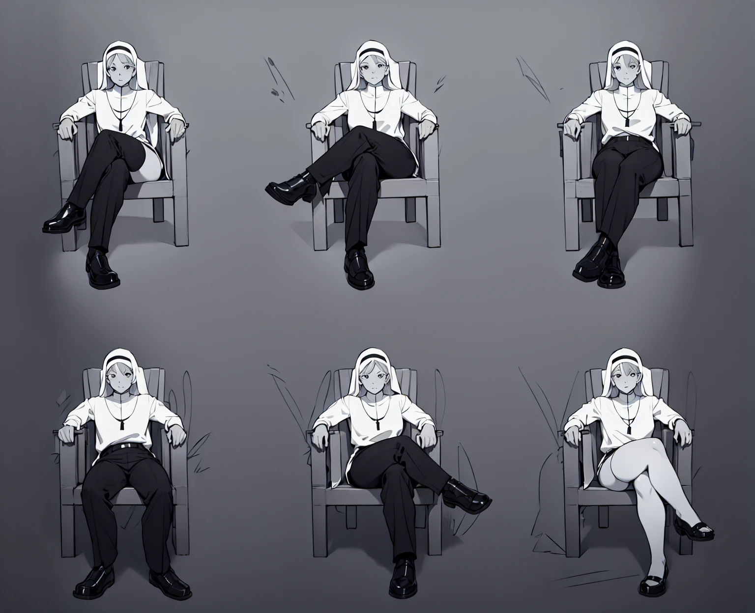 lineart, monochrome, a drawing of a nun with sexy pose, clean anime outlines, perfect lineart, clean lineart, extremely fine ink lineart, nun outfit, simple lineart, beautiful line art, anime style drawing, thick black lineart, black and white manga style, pin on anime, ((Leg Crossing ))