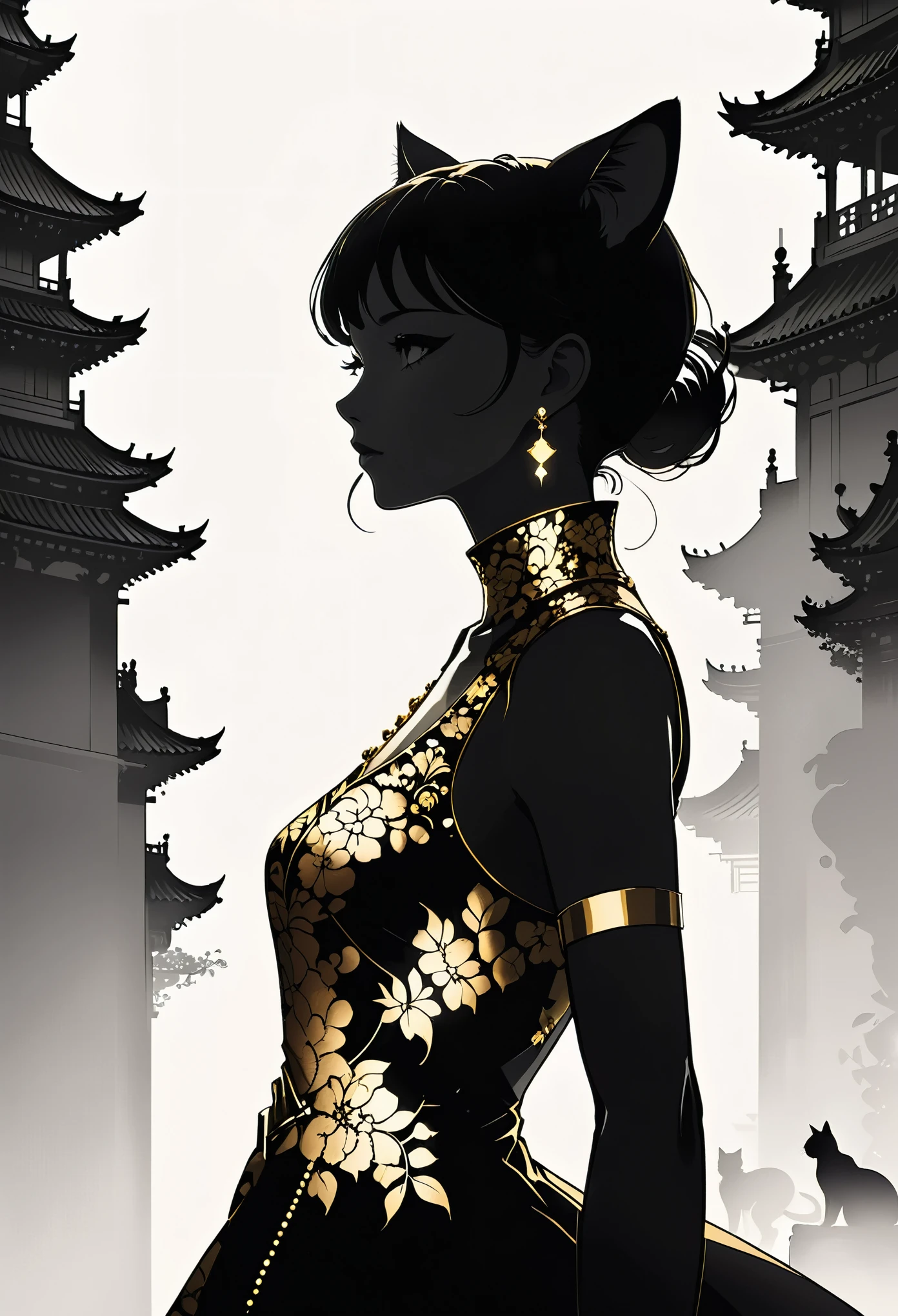 (Ashley Wood (Ashley Wood) style of:1.4)，Black and gold color combination，Silhouette，动漫Silhouette风格，Flat 2D illustration，1 Girl，Cat ear，Gorgeous黑色，Gold embroidered dress，Sparkling gold，金色的圆形背景上有一些黑色的Silhouette，monochrome，Profile，90 degree tilt of neck，Face up，Oblique composition，(Extremely detailed and complex, Hyperpolarizers, elegant, Gorgeous, Surrealism, Very detailed:1.1)