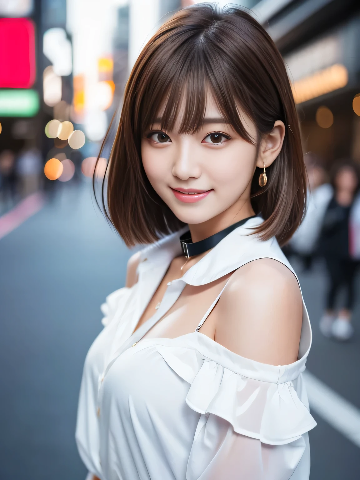 Ultra High Definition, Superior Quality, Premier Quality, ultra detailed, Photorealistic, 8k, RAW Photos, highest quality, masterpiece, Attractive girl, Stunning girl, Brown Hair, Shoulder Length Layered, asymmetrical bangs, K-pop Idol, Sophisticated girl, white shirt with collar, Shibuya, seductive smile,