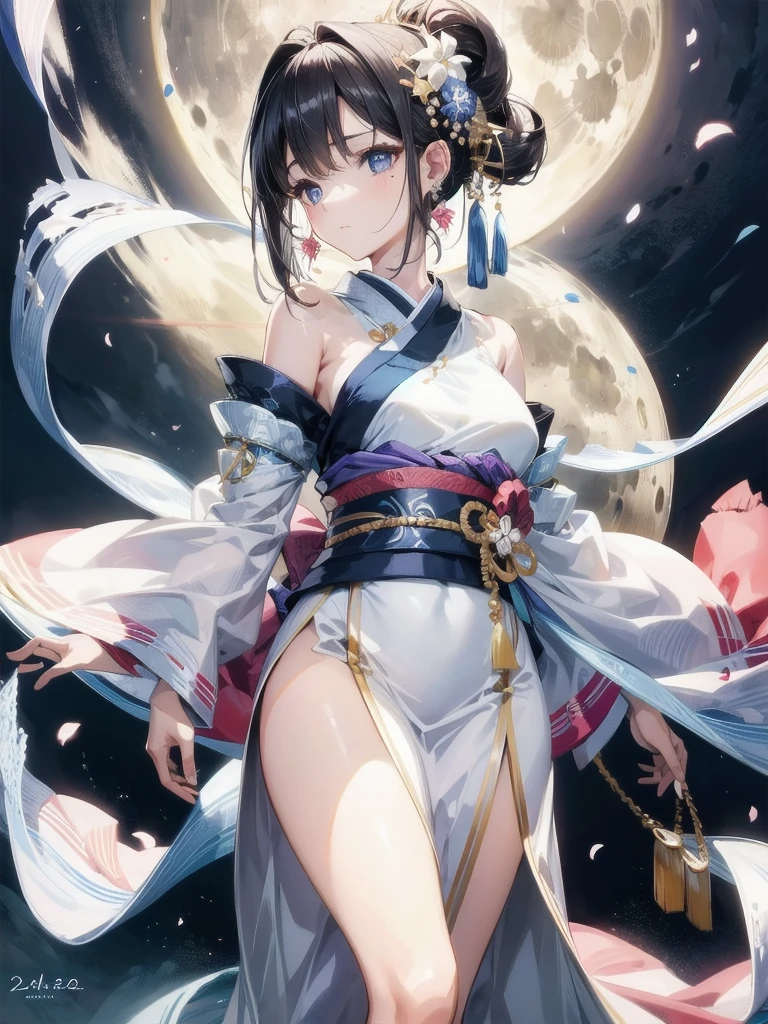 whole body, Hanfu, absurdres, extremely delicate and beautiful, masterpiece, Best Quality, ultra high resolution, 32k, ultra-detailed description, tearful mole, earring, Colossal tits, short medium wavy hair,