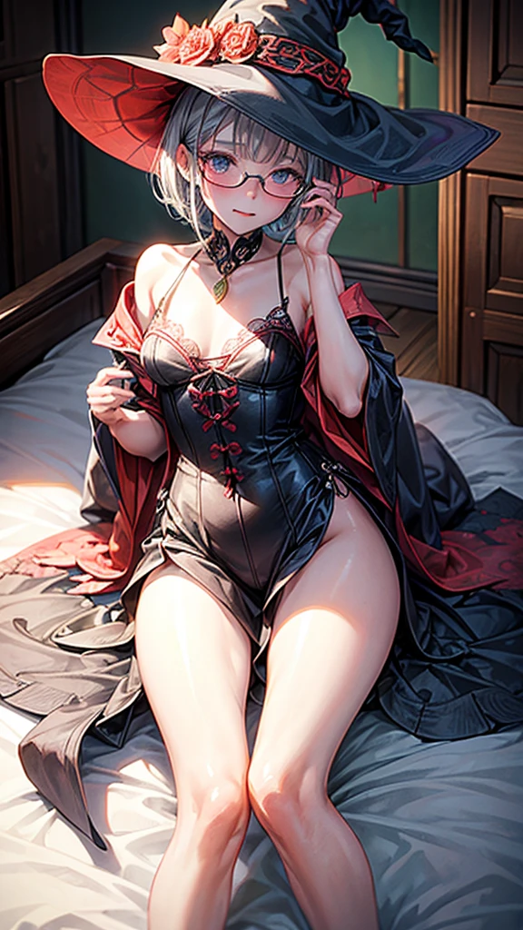 (Highest quality, masterpiece), Intricate details, Sexual, (((witch))), (witchの帽子), ((ボタンを外したwitchの服)), orgasm, Love Juice, Small breasts, Pussy, 15 years, , Gray Hair, Messy short hair, Wear glasses, Plain Girl, Very embarrassed face, blush, ((whole body)), Blurred Background, Medieval bedroom,