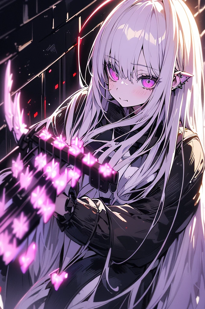 white gothic lolita angel of punishment, long white hair, purple eyes, 4 wings, holding a black sword, mature, slim, tall, (best quality,4K,8K,mackerel,masterpiece:1.2),very detailed,(realistic,photorealistic,photo-realistic:1.37),intricate details,Contrast lighting,cinematic lighting,dramatic shadows,surreal,mysterious,ethereal