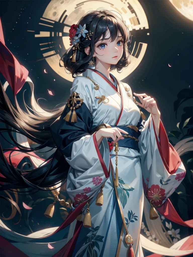 absurdres, RAW photo, extremely delicate and beautiful, masterpiece, Best Quality, ultra high resolution, 32k, hyperrealistic, ultra-detailed, perfect figure, in her 20s, very small head, very small face, delicate facial features, tearful mole, earring, very huge breasts, full body shot, medium hair, moon, kimono, long sleeve, wide sleeve, hair ornaments,