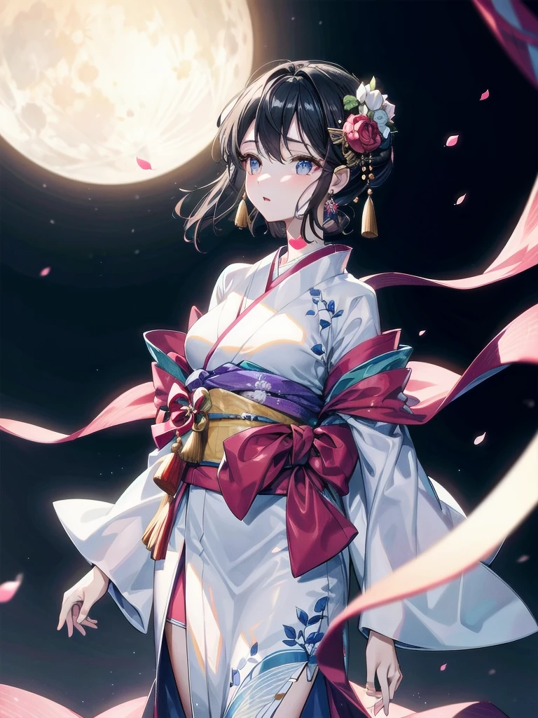 absurdres, RAW photo, extremely delicate and beautiful, masterpiece, Best Quality, ultra high resolution, 32k, hyperrealistic, ultra-detailed, perfect figure, in her 20s, very small head, very small face, delicate facial features, tearful mole, earring, very huge breasts, full body shot, medium hair, moon, kimono, long sleeve, wide sleeve, hair ornaments,