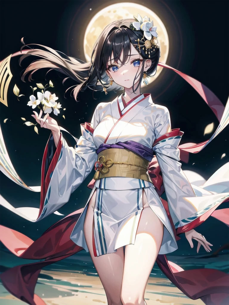 absurdres, RAW photo, extremely delicate and beautiful, masterpiece, Best Quality, ultra high resolution, 32k, hyperrealistic, ultra-detailed, perfect figure, in her 20s, very small head, very small face, delicate facial features, tearful mole, earring, very huge breasts, full body shot, medium hair, moon, kimono, long sleeve, wide sleeve, hair ornaments, 