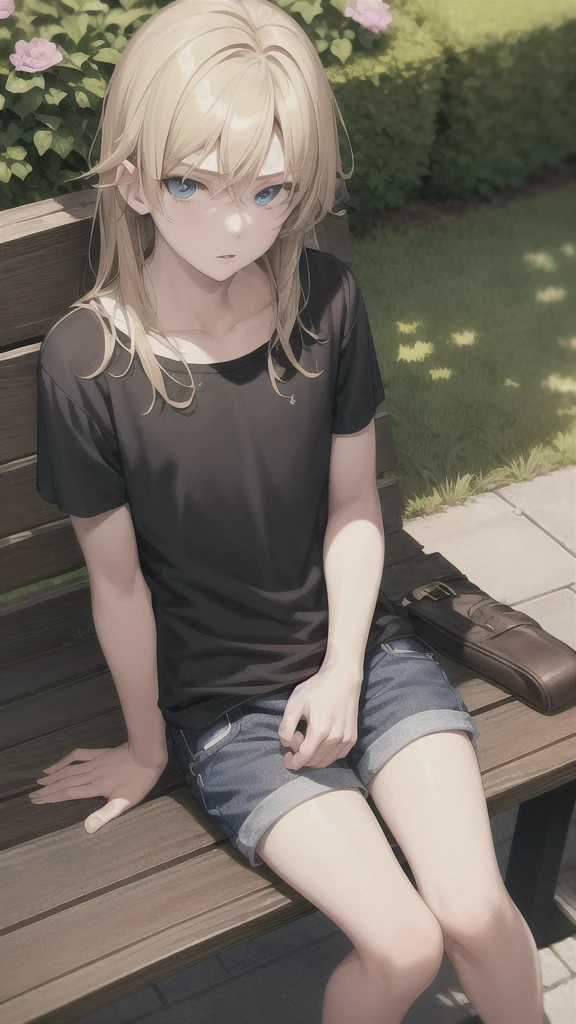 masterpiece, best quality, high quality, ,dark forsest, 1boy, solo, boy,male focus, looking at viewer , blonde hair,black T-shirt ,blue jean shorts, blue eyes, sitting on a bench