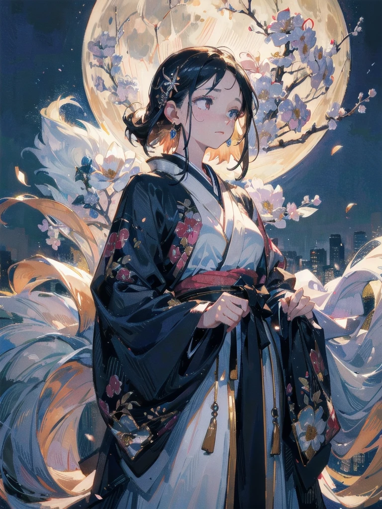 absurdres, RAW photo, extremely delicate and beautiful, masterpiece, Best Quality, ultra high resolution, 32k, hyperrealistic, ultra-detailed, perfect figure, in her 20s, very small head, very small face, delicate facial features, tearful mole, earring, very huge breasts, full body shot, medium hair, moon, kimono, long sleeve, wide sleeve, hair ornaments,