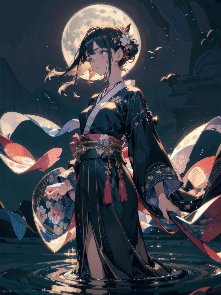 absurdres, RAW photo, extremely delicate and beautiful, masterpiece, Best Quality, ultra high resolution, 32k, hyperrealistic, ultra-detailed, perfect figure, in her 20s, very small head, very small face, delicate facial features, tearful mole, earring, very huge breasts, full body shot, medium hair, moon, kimono, long sleeve, wide sleeve, hair ornaments,