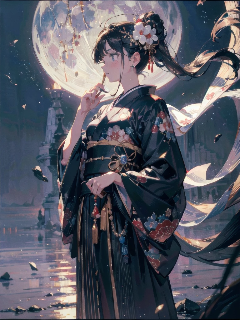 absurdres, RAW photo, extremely delicate and beautiful, masterpiece, Best Quality, ultra high resolution, 32k, hyperrealistic, ultra-detailed, perfect figure, in her 20s, very small head, very small face, delicate facial features, tearful mole, earring, very huge breasts, full body shot, medium hair, moon, kimono, long sleeve, wide sleeve, hair ornaments,