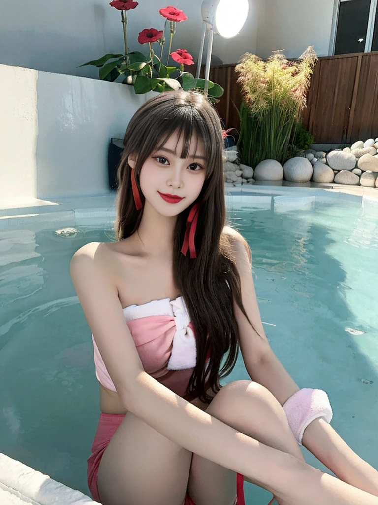 (In 8K、Highest quality、masterpiece:1.2)、(Realistic、Photorealistic:1.2)、Two girls in strapless towels at a hot spring,18-year-old,bangs,A small smile,Thighs,knees,Straight hair with a barrette attached with a red ribbon,From below,Front light
