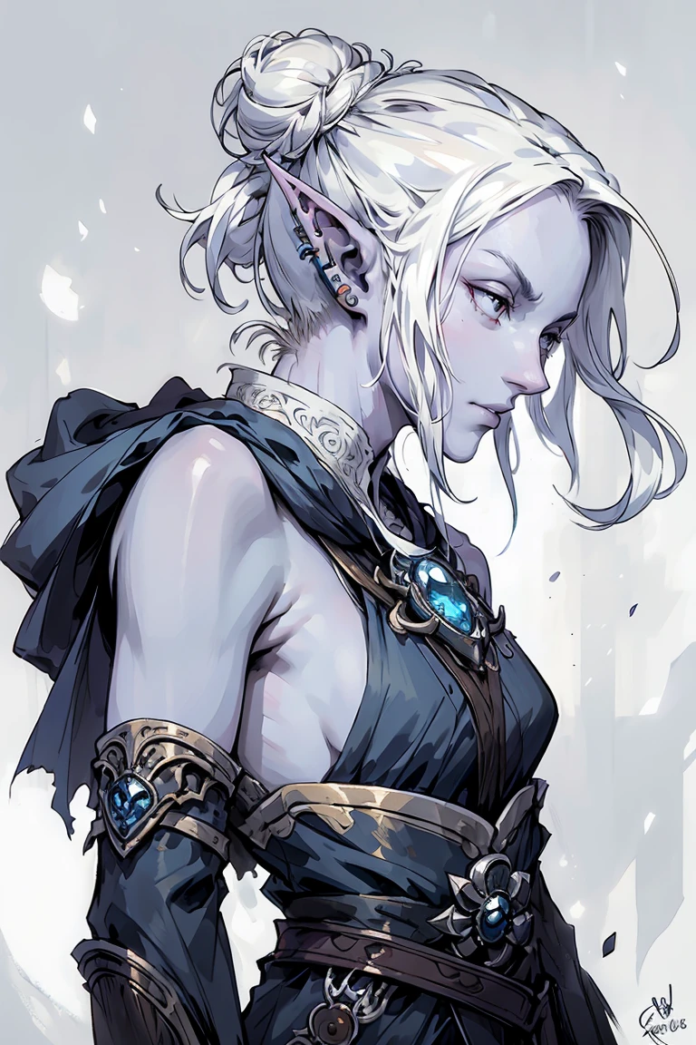 drow,white hair, male, pointy ears, solo, Calm slightly smile, elf, long hair, colored skin, white hair, blue skin, jewelry, earrings, hair bun, short hair, bare shoulders, profile, upper body, from side, signature, piercing, artist name, ear piercing, nose, lipasterpiece, best quality)), art by greg rutkowski
