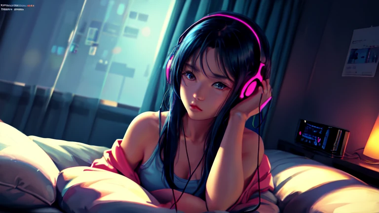 Perfect Image, 8K, night、Girl listening to music in a cozy room, Use headphones, 2D anime style, Lo-Fi, hard disk, Dark Environment
