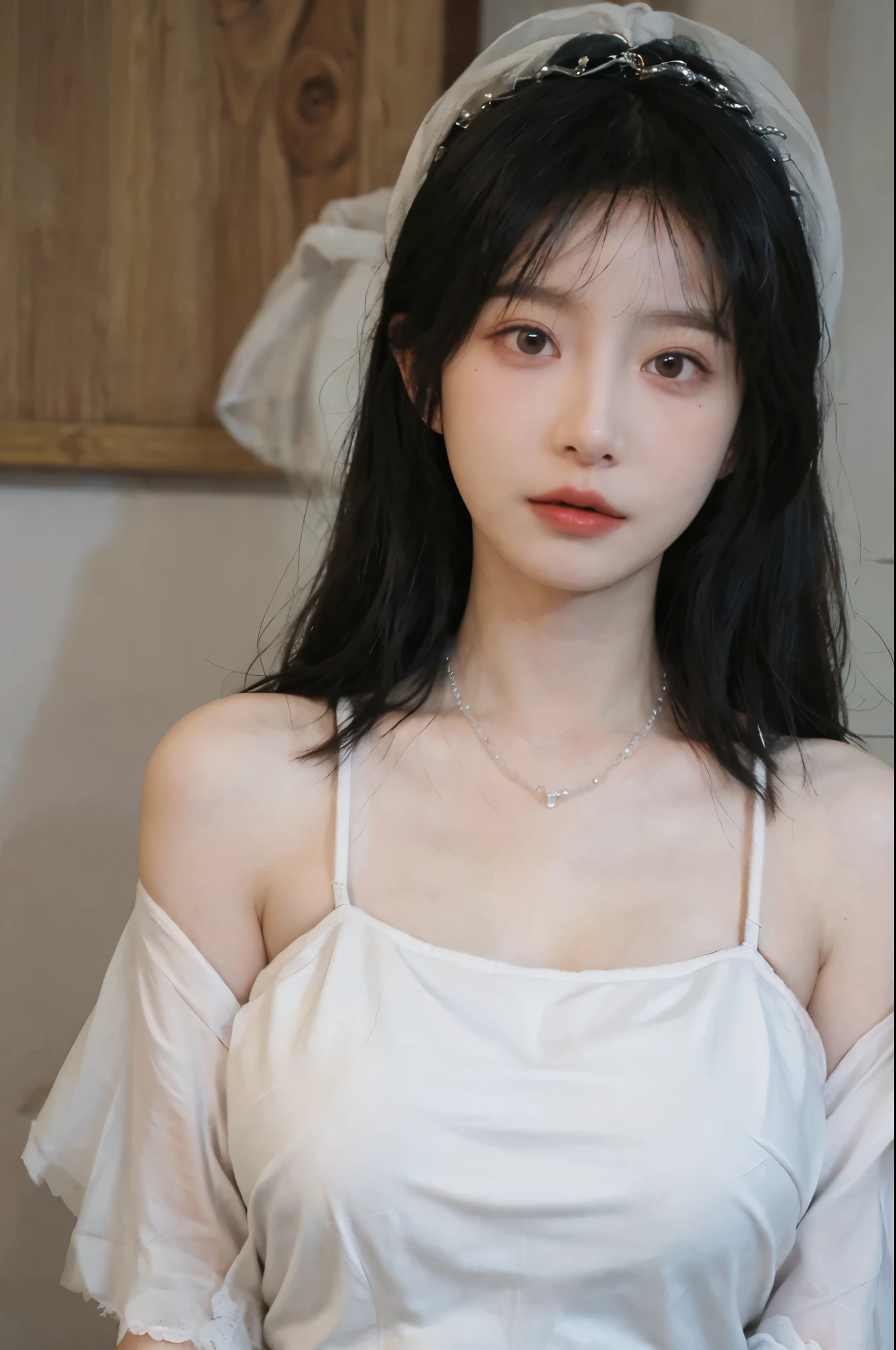 Portrait photography，1 girl，White background，White Wedding Dress，White veil，Beautiful wedding dress，Bare shoulders，Lipstick，(Big Breasts:1.6)，Shoulder-Length Wavy Hair，Wear a necklace，Headband，serene，calm，(Realistic and detailed eyes，Natural skin texture，Realistic facial details)，