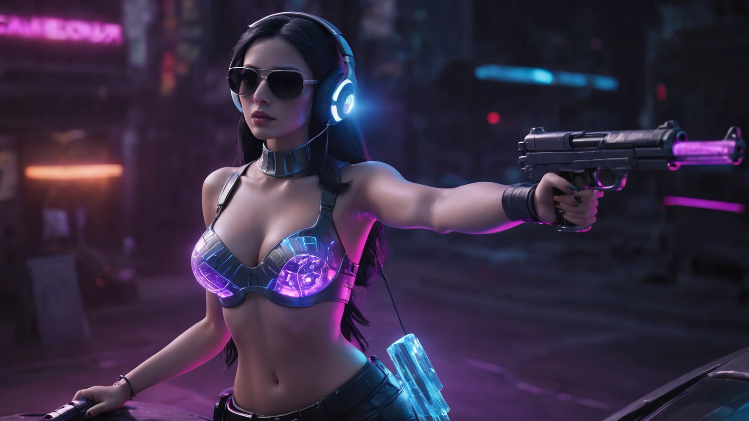 At night, dark sky, distant shot aerial view of fantasy cyberpunk style ice ((Moai-statue)) city, ((flying car)). ((1girl, solo, alone)), medium-breast:1.1 slim body, cleavage, sexy clothes, (headphone, black sunglasses, long black realistic hair), (((hip-up standing and holding pistol))), (((((half-body thigh level medium shot))))), cinematic lighting, lens flare, ray tracing.