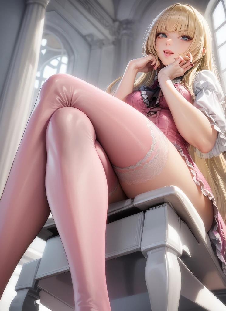 perfect eyes:1.2, detailed eyes:1.4, Emilie T8, blunt bangs, blue eyes, long hair, blonde hair, thighhighs, lace-up boots, pink frilled dress, frilled ascot, fingerless gloves, smile, red eyeshadow:1.2, makeup:1.2, cowboy shot, 1girl, solo, (masterpiece:1.6, best quality), 8k, insane details, intricate details, hyperdetailed, hyper quality, high detail, ultra detailed, professional, HDR, ray tracing reflection, cinematic lighting,