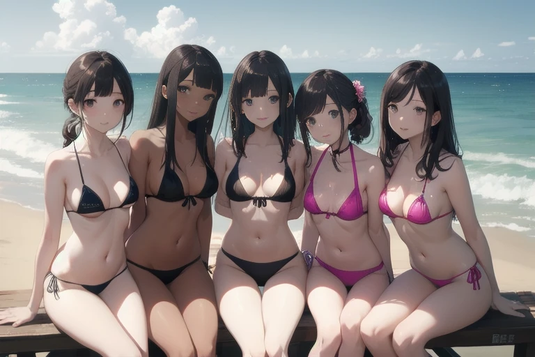 Highest quality、masterpiece、detailed、5-people、Glamour beauty、Micro Bikini、Sitting side by side、Ocean