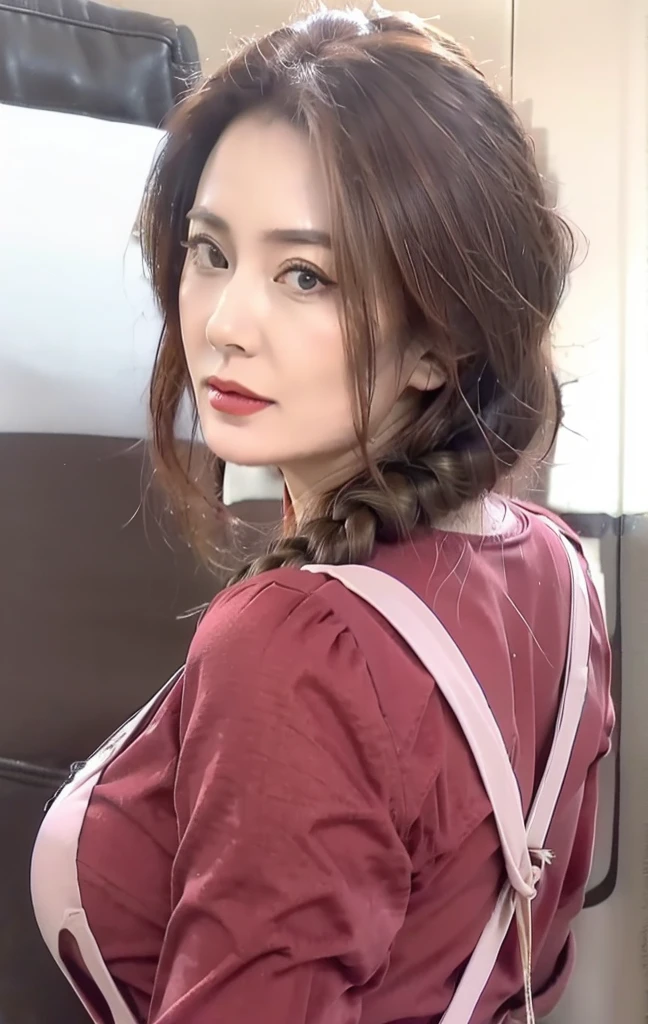 Milf Saga -mature female style, high quality, ultra detailed, masterpiece, realistic, 1girl, mature female, milf, motherly, 40 years old, red clothes, pink apron, large breasts, brown hair, single braid, open mouth, looking at viewer, blue hair tie, ultra high res.photo realistic: 1.4, UDH
