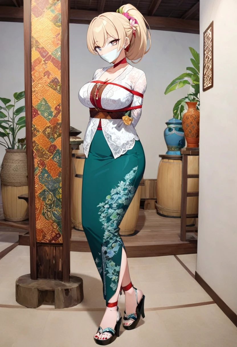 score_9, score_8_up, source_anime, 1girl, solo,The photo features a woman standing in traditional decorations. She is wearing traditional attire consisting of a light white kebaya with lace trim and a long green skirt with batik or songket patterns. The woman is also wearing white high-heeled sandals, and there is a frangipani flower tucked behind her left ear. The surrounding environment has ornate decorations, likely from Bali or Java. , (bound wirsts), (arms behind back), (tapegag, tape gag), dramatic,  (looking at viewer), (detailed pupils:1.3),pencil skirt ,red rope, thick rope,big breast,ponytail hair,