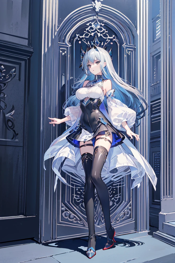 ((Full body, standing)) ((Long legs, beautiful legs, big breasts)) ((Beautiful Empress)) ((Leather mini skirt, Tights, high heel boots)) ((Gothic fashion)) ((Long silver-blue hair, silver eyes)) ((anatomically correct))((ultra high quality))