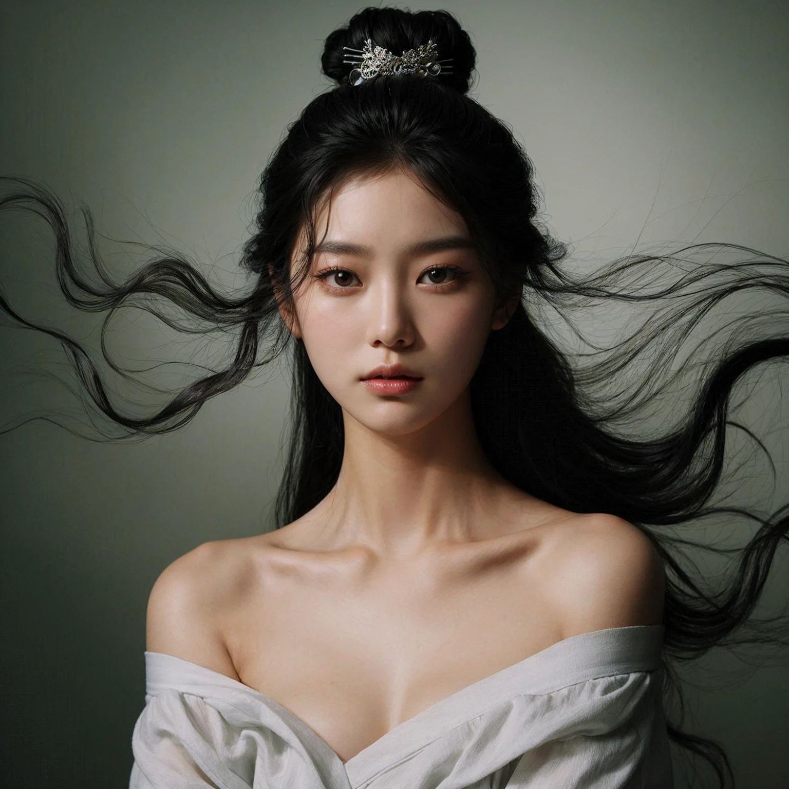 Create a portrait of a young korean woman, flowing black hair with buns, set against a sage, smoky background. She is wearing a white open shoulders dress and has a poised, medium chest, elegant expression. The woman has a hairpin with intricate designs in her hair, adding a touch of sophistication to her look. The lighting is soft and dramatic, highlighting her facial features and creating a sense of depth and mystery in the composition.