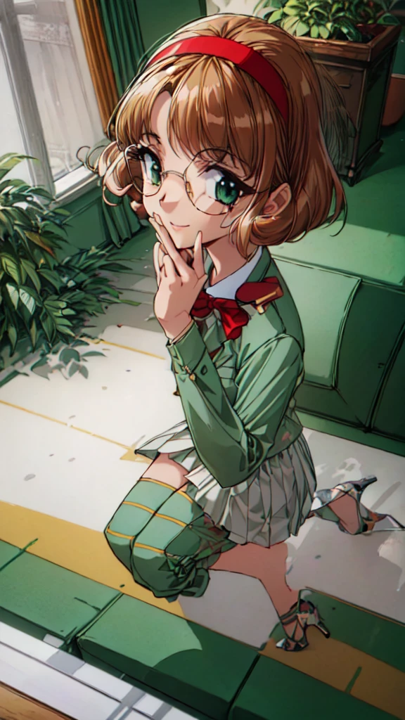 fuu hououji, 4k portrait, looking at viewer, 1girl,short hair,light brown hair,Glasses,((red hairband)),green blazer,mini skirt,(green high heels:1.4), smile,masterpiece,Noise Reduction,perfect anatomy,high resolution, ultra-detailed,game cg,dutch angle ,beautiful detailed eyes,visualart,five fingers, perfect hands, perfect lighting,BREAK (pants,;1.5), full body, sit on a chair,arms at sides, BREAK (indoor:1.6), (living room:1.4)