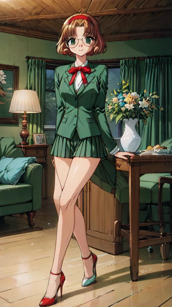 fuu hououji, 4k portrait, looking at viewer, 1girl,short hair,light brown hair,Glasses,((red hairband)),green blazer,mini skirt,(green high heels:1.4), smile,masterpiece,Noise Reduction,perfect anatomy,high resolution, ultra-detailed,game cg,dutch angle ,beautiful detailed eyes,visualart,five fingers, perfect hands, perfect lighting,BREAK (pants,;1.5), full body, sit on a chair,arms at sides, BREAK (indoor:1.6), (living room:1.4)