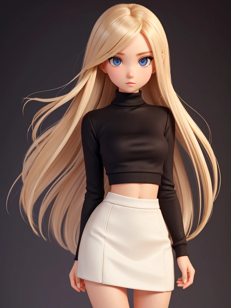 (best quality), 1girl, female, porcelain skin, blonde hair, straight hair, medium hair, swoopy tips, Flipped-up ends, brown eyes, perfect eyes, crop turtleneck top, black skirt, slender, , small bust, shy, masterpiece, anatomically correct, highres