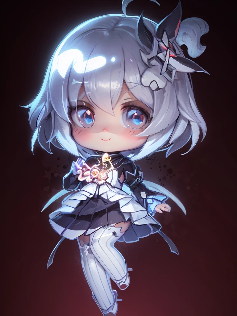 Super cute girl full body 3D image, 1, Nice eyes, big eyes, beautiful, happy, C4D, Long white hair, Bright bubbles, Toy, Solid color background, Red Cliff, Fluorescent translucent, illuminator, Kawaii, Humanoid, Reference Table, Blind Box Pop Mart, Pixar, AI Bionic Man,Silver lines,Metal patch,Mechanical accessories。