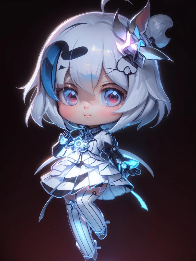Super cute girl full body 3D image, 1, Nice eyes, big eyes, beautiful, happy, C4D, Long white hair, Bright bubbles, Toy, Solid color background, Red Cliff, Fluorescent translucent, illuminator, Kawaii, Humanoid, Reference Table, Blind Box Pop Mart, Pixar, AI Bionic Man,Silver lines,Metal patch,Mechanical accessories。
