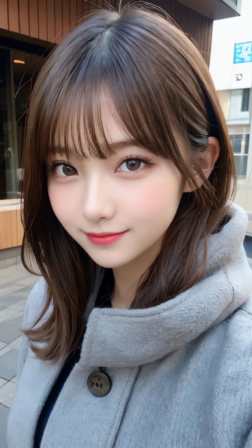 masutepiece, Best Quality, Illustration, Ultra-detailed, finely detail, hight resolution, 8K Wallpaper, Perfect dynamic composition, Beautiful detailed eyes, Cold winter clothes,Medium Hair,Small breasts natural color lip, Bold sexy poses,Smile,Harajuku、20 years girl、Cute、Sexy shot looking at camera
