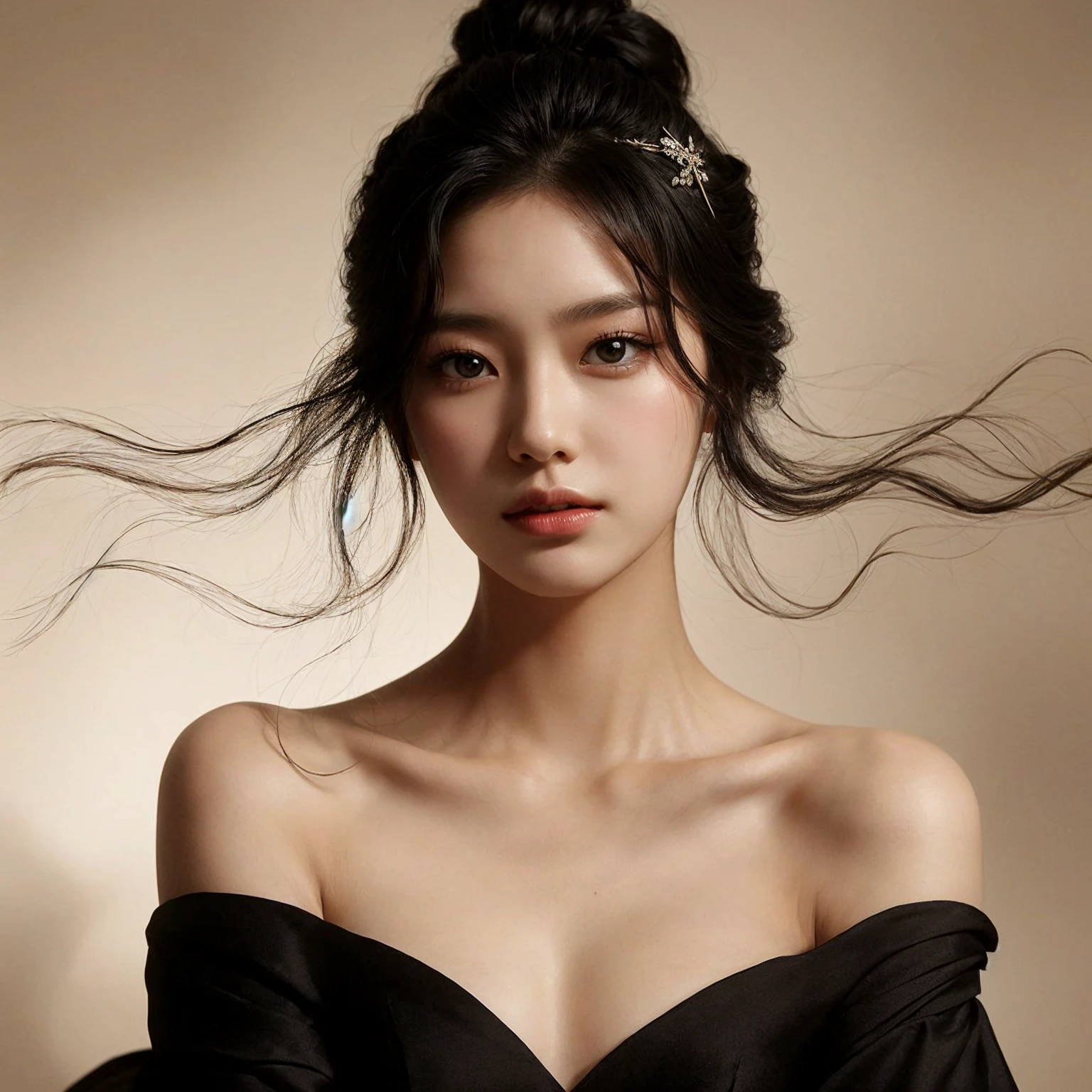 Create a portrait of a young korean woman, flowing black hair, set against a cream, smoky background. She is wearing a black open shoulders dress and has a poised, medium chest, elegant expression. The woman has a hairpin with intricate designs in her hair, adding a touch of sophistication to her look. The lighting is soft and dramatic, highlighting her facial features and creating a sense of depth and mystery in the composition.