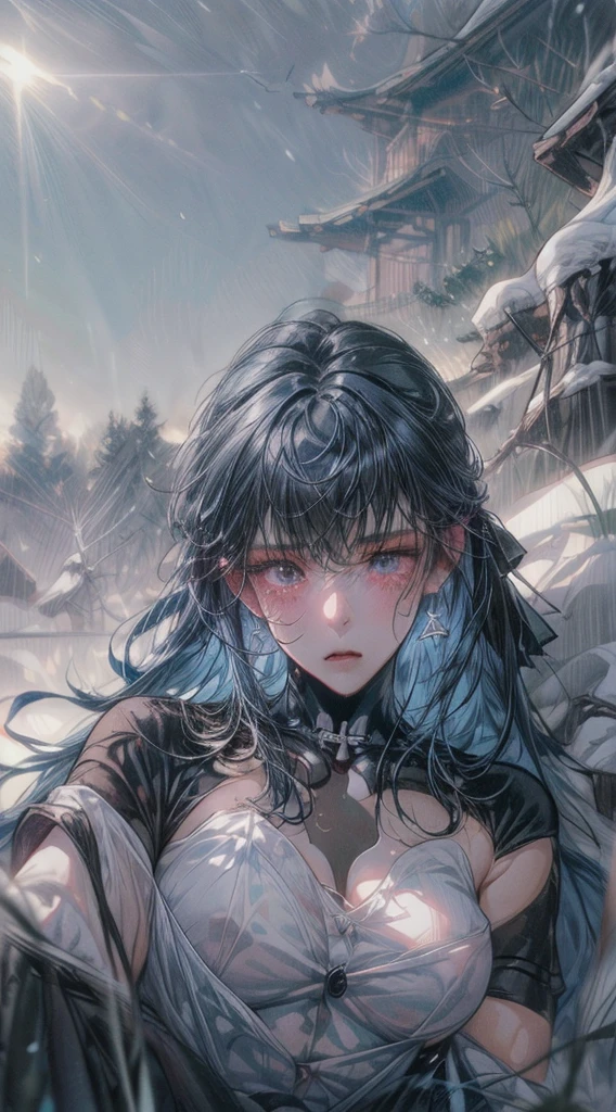 nude anime girl,black mix blue hair ,18+, no clothes, sweet, sad face, cry, sad,show breast, medium , wet, tits, nipples, horny, sexual, full HD,lying in the grass, forest, snow
